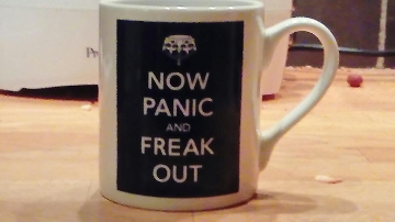 mug  saying now panic and freak out